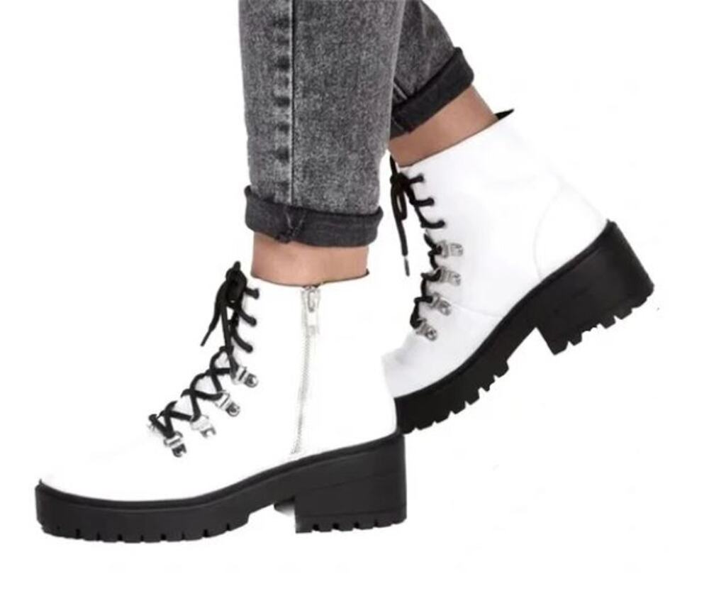 Skechers Weekend Best White Memory Form Lace Up Side Zip Combat Lug Boots 7.5